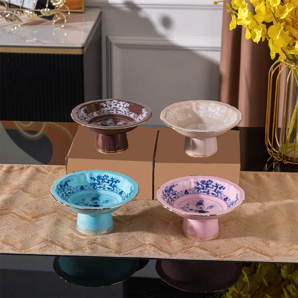 Ying's Ceramic High Foot Plate Kitchen Supplies Storage Plate Printed Nut and Fruit Packing Plate 6 Inch Pink Blue Curry Beige