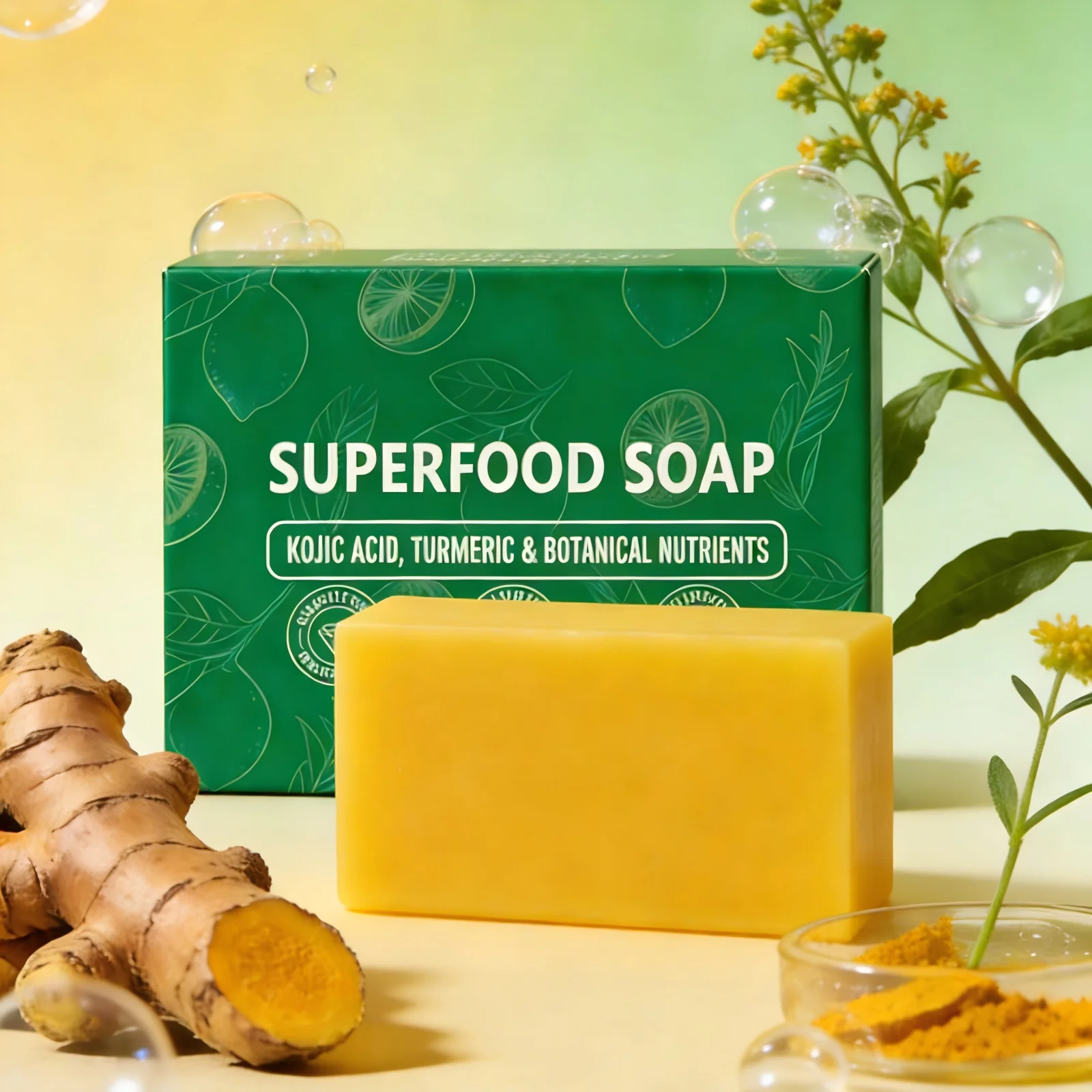 Lemon Turmeric Kojic Acid Soap Lighten Skin Brightening Shrink Pores Oil Control Body Cleansing Reduce Dryness Honey Soap 100g