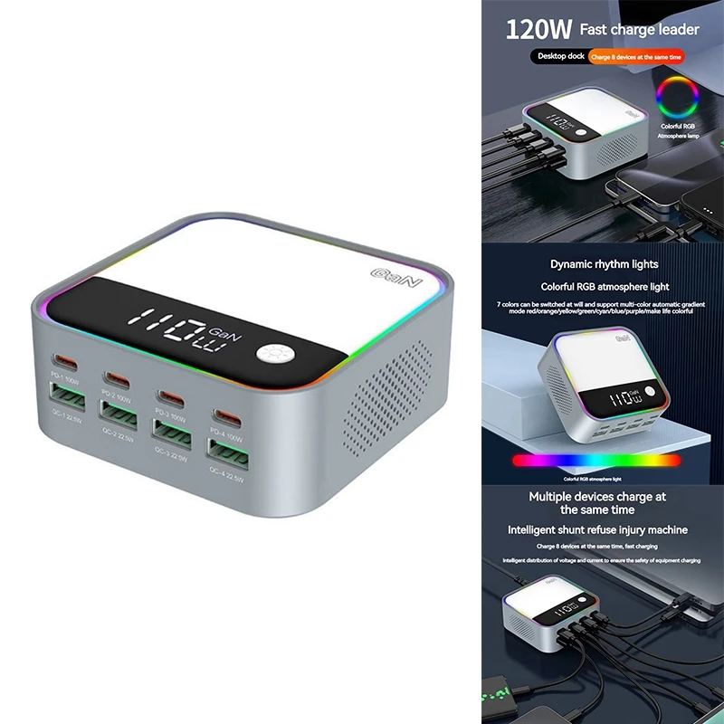 120W 8 Port Multi USB A Type C QC3.0 Gan Charger PD 100W Fast Charging Station For Laptop Phone Pad Headphones