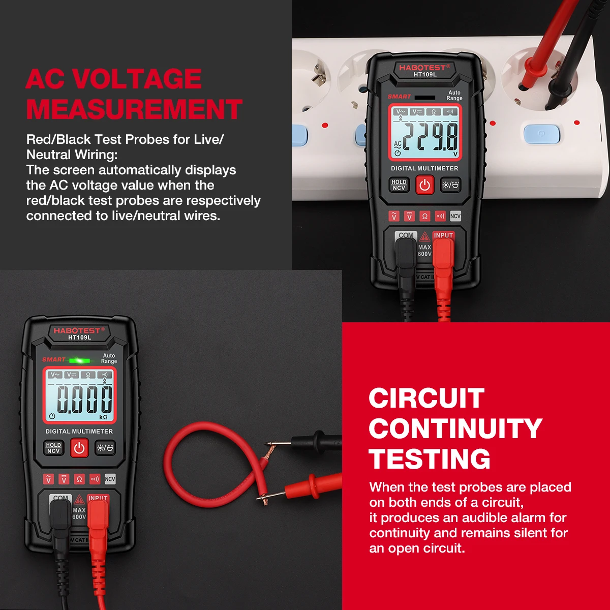 HABOTEST HT109L Digital Multimeter 600V DC AC Voltage Tester NCV Resistance Continuity Tester Smart Auto Range Multitester