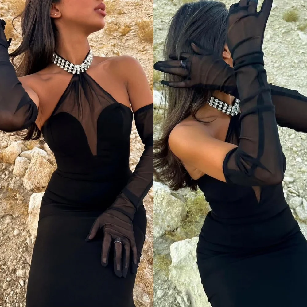 Customized Exquisite Mermaid Crystal Evening Dress Formal Sweep Train Celebrity Gown Modern Halter Black Jersey 2025 Party Dress