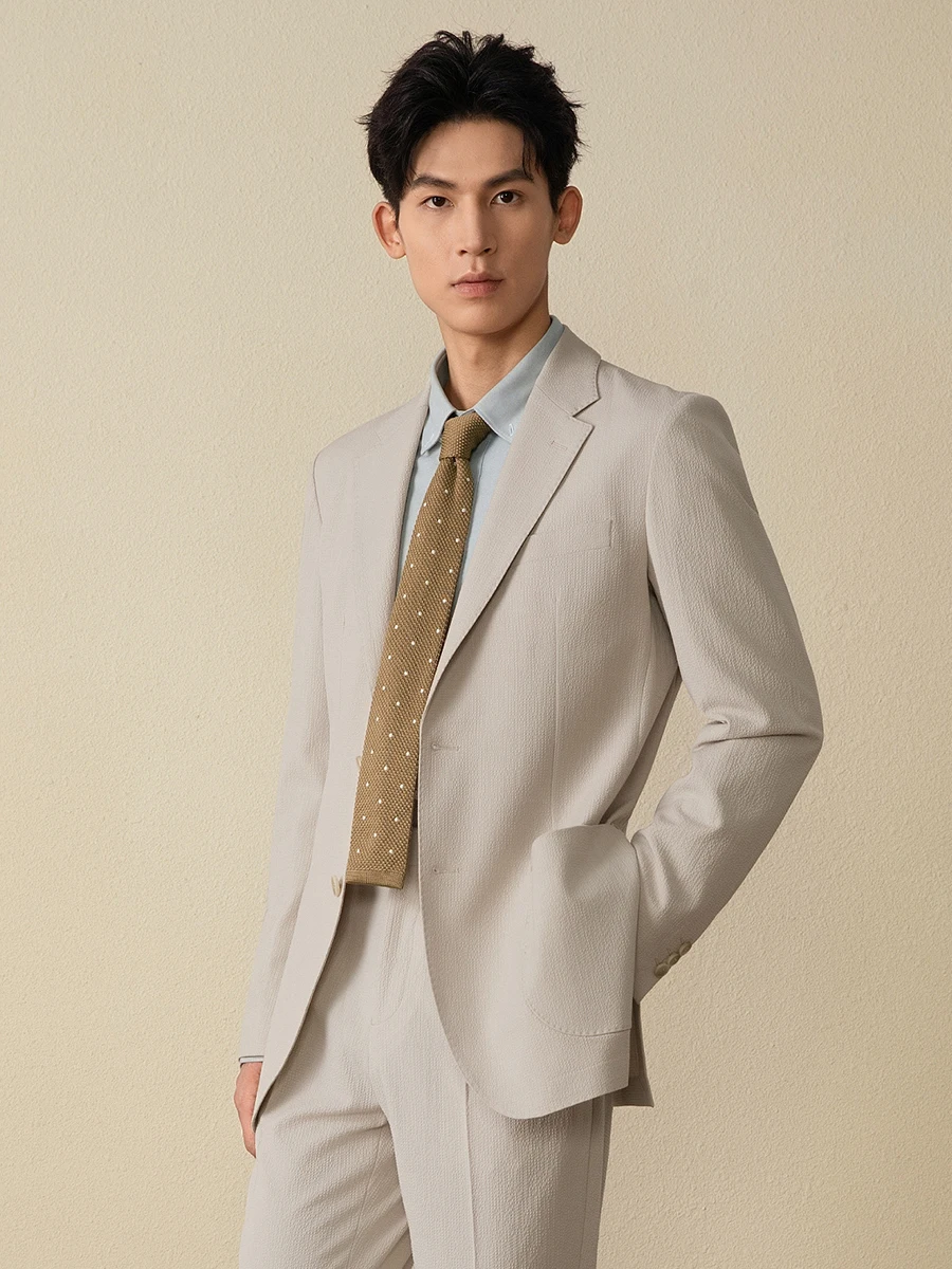 

Men's Champagne Seersucker Suit Set Lightweight Business Casual Blazer & Pants Spring Autumn Breathable Office Commute Wear 58
