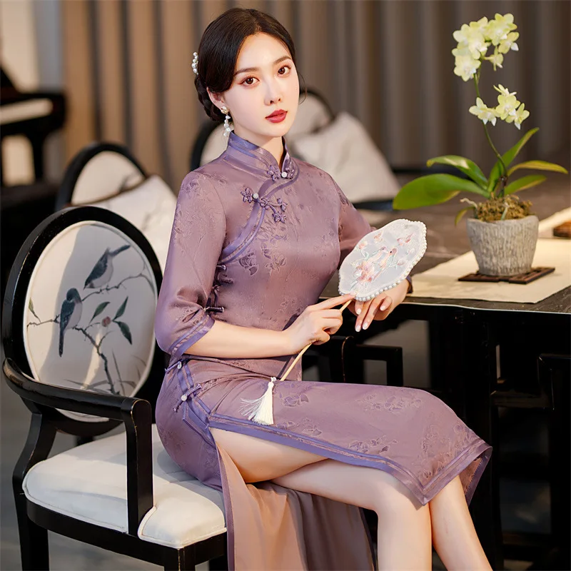 Improved High-End Quality Real Silk Cheongsam Qipao Women's Retro Cropped Sleeves Dress Long Chinese Chi-Pao