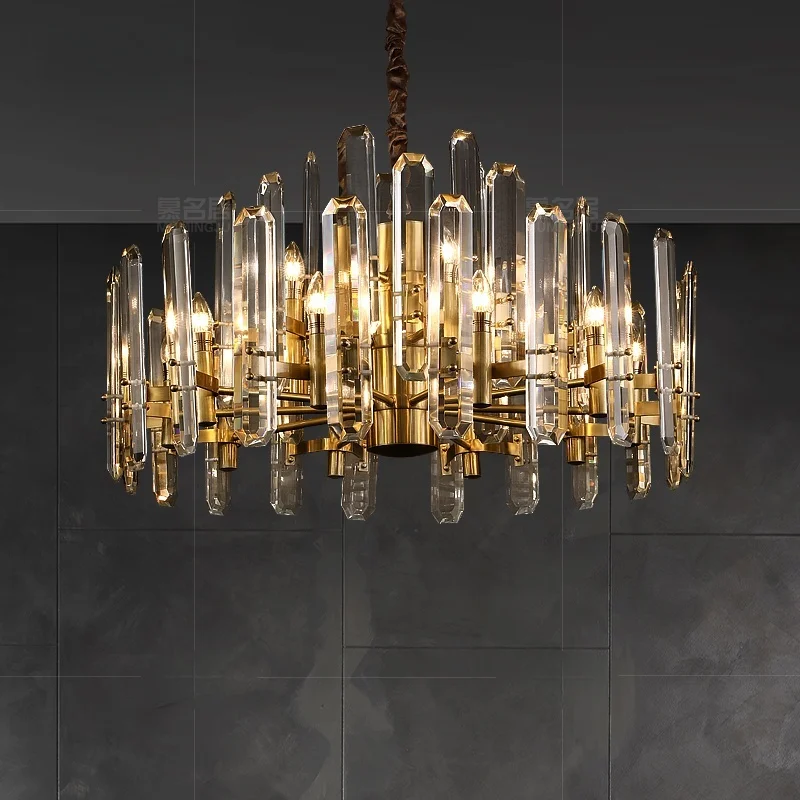 

American Luxury Crystal Chandelier Gold Copper Pendant Lamp for Dining Room Hotel Hall Living Room Villa Decor LED Hanging Light