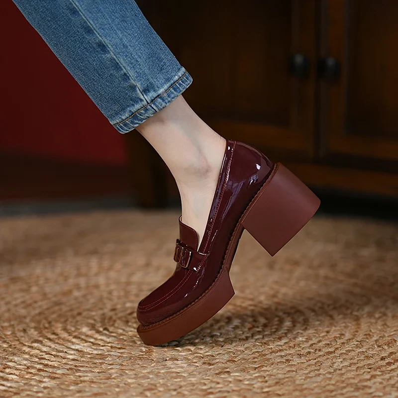 2022 Spring Platform Shoes Casual Slip-On Loafers Pantent Leather Round Toe Shoes Woman Chunky Heel Women Shoes Zapatos De Mujer