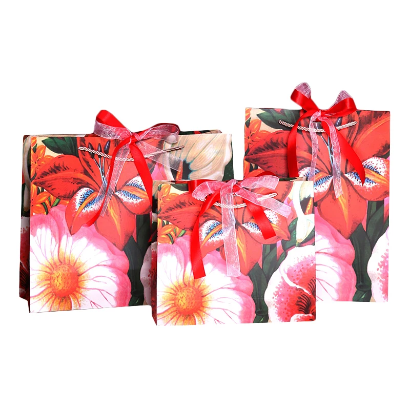 كيس ورقي محمول من الستوباج ، كيس خبز ، كيس هدايا من قطعة واحدة لتعبئة وتغليف الهدايا للعام الجديد بمقبض رسم زيتي بشريط ، زهرة 5 * #2