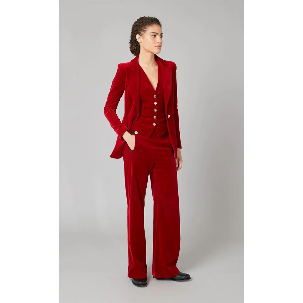 Velvet Sets of Women 3 Pieces Elegant Women\'s Suits Warm Red Party Christmas Winter Blazer Vest Pants Set Female Clothing