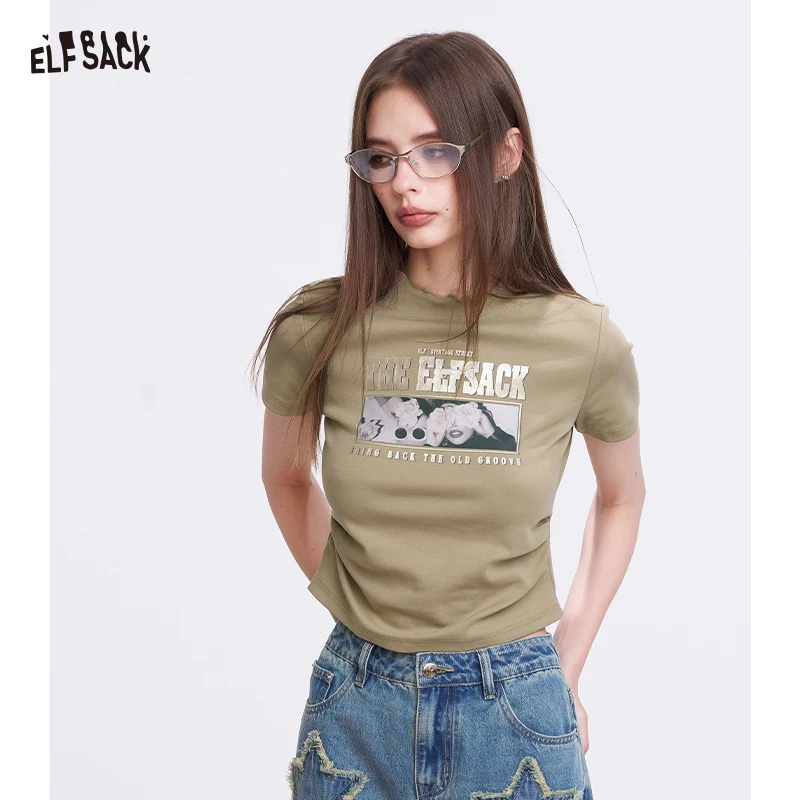 

ELFSACK Women's Green Slim T-Shirt with Portrait Graphic Print, Y2K Ruched Short Sleeve Tee for Summer, Chic Aesthetic Crop Top