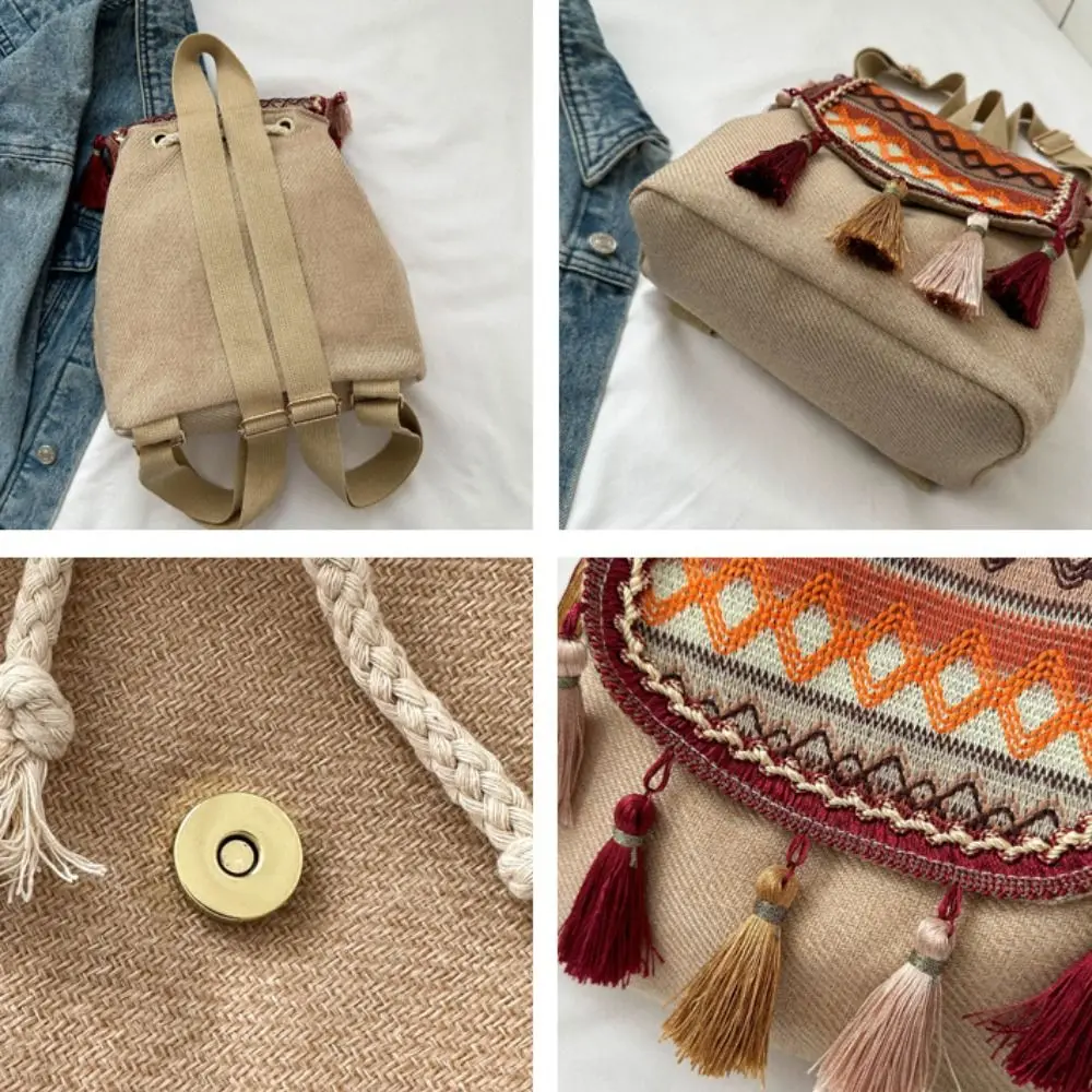 Tassel Ethnic Style Backpack Canvas Large Capacity Tassel Shoulder Bag Storage Bag Small School Bag Embroidery School Bag School