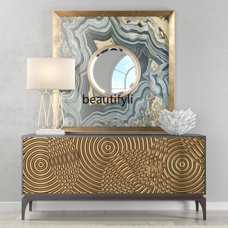 57 American light luxury style, entrance, high-end dining side cabinet, solid wood carving flower decorative cabinet height