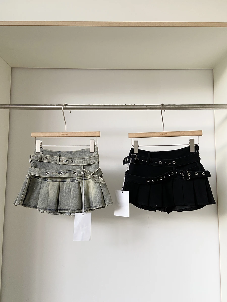 

Sweet Cool Hong Kong Sle Low Waist Asymmetrical Belt Design f Skirt Women Summer New Retro ort Skirts Pleated Skirt