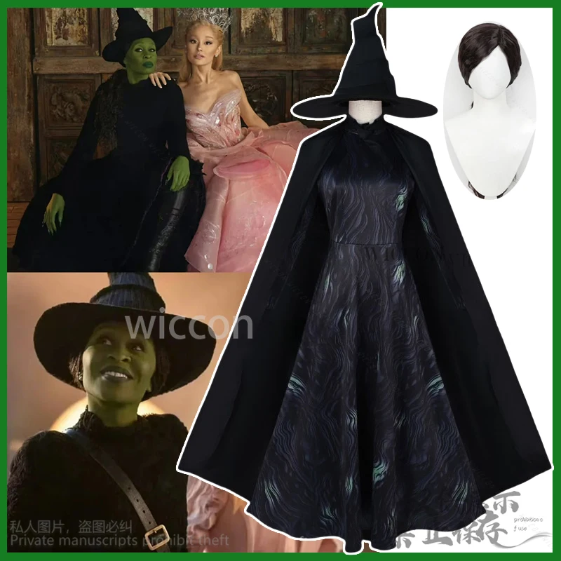 Anime Movie Wicked Elphaba Cosplay Costume pour femme, robe noire Gotic, uniforme Lolita, perruques personnalisées, Halloween, fête de Noël, trempé