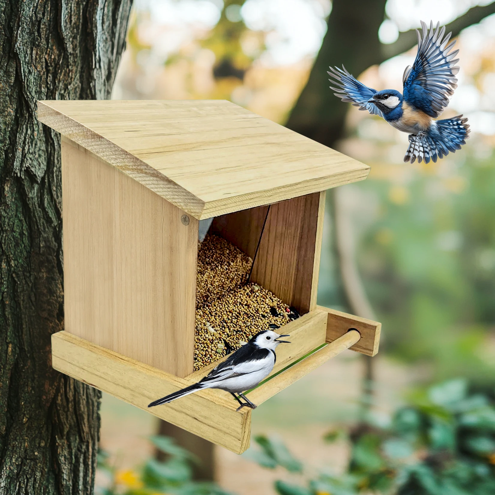 Natural Wooden Bird Feeder Garden Cardinal Bird House Feeder Hopper for Outdoors Hanging Opening Roof