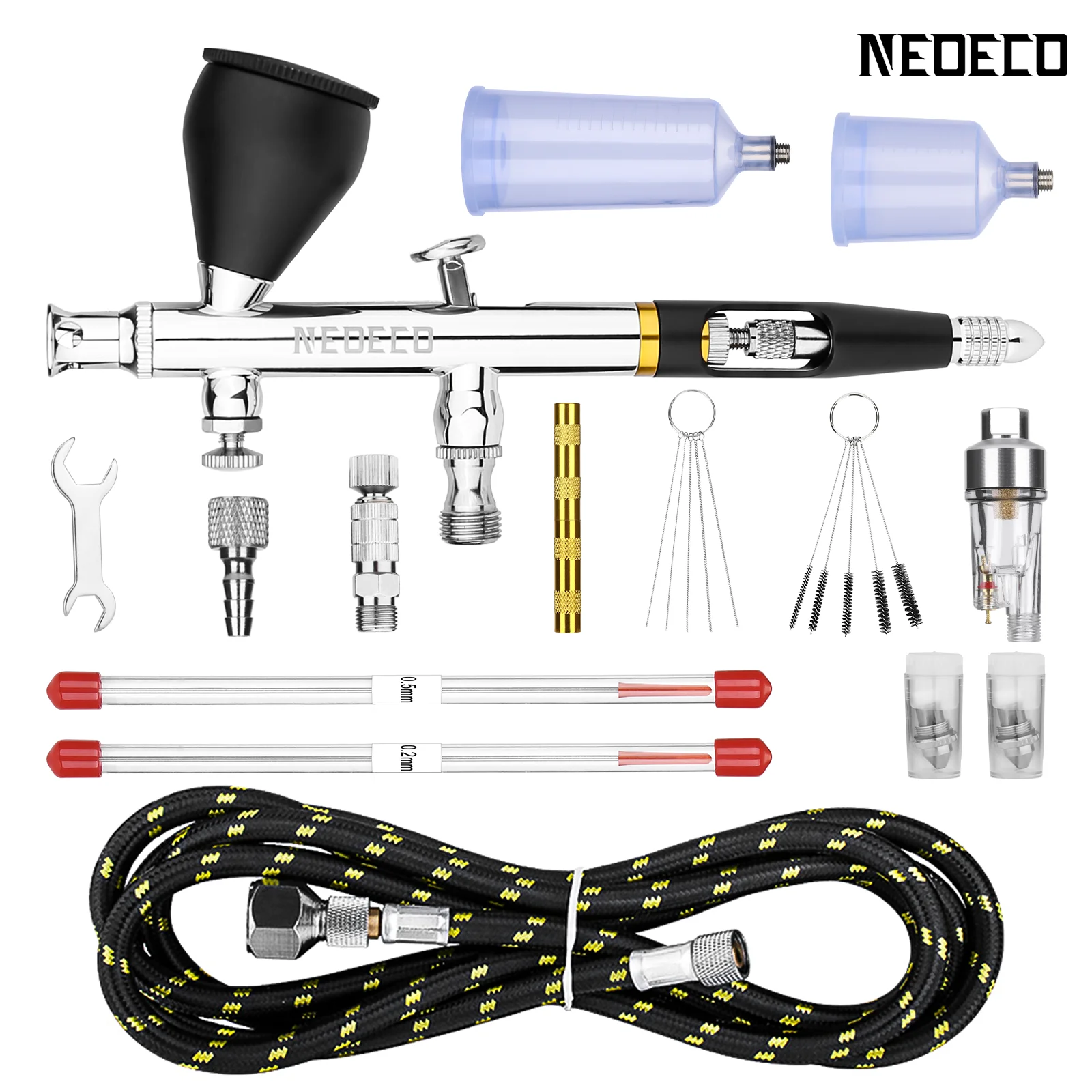 NEOECO NCT-SJ83RS1 Dual Action Airbrush 9cc 1/3 oz vloeistofbekers snel verwijderen luchtkap mondstuk zwaartekrachttoevoer met accessoires