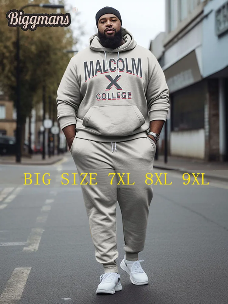 Biggmans Plus Size For Men\'s Clothing Malcolm X College Style Hoodie and Sweatpants Two Piece Set 7XL 8XL 9XL