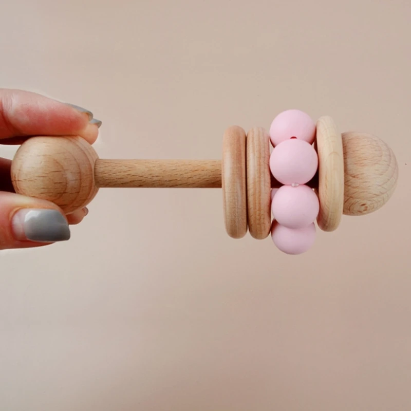 Safe Beech Wooden Baby Rattle Hand Bells Toys BPA Free Silicone Beads Newborn Chewing Shaking Mobile Rattle Baby Sensory Toy