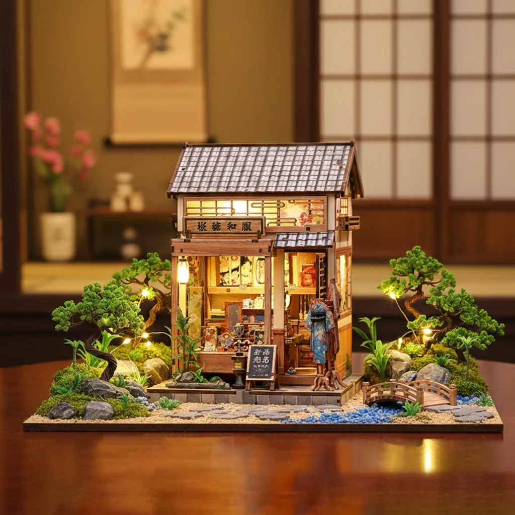 Book Nook Kit DIY Puppenhaus Holzpuzzle Bücherregal Einsatz Miniaturmodell Weihnachtsgeschenk für Sakura O Kimono Shop