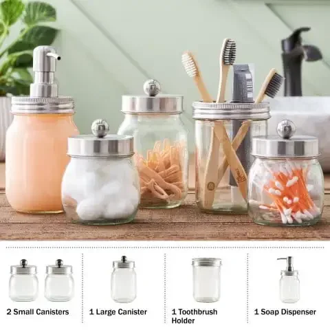 5-Piece Mason Jar Bathroom Accessories Set with Lids, Silver