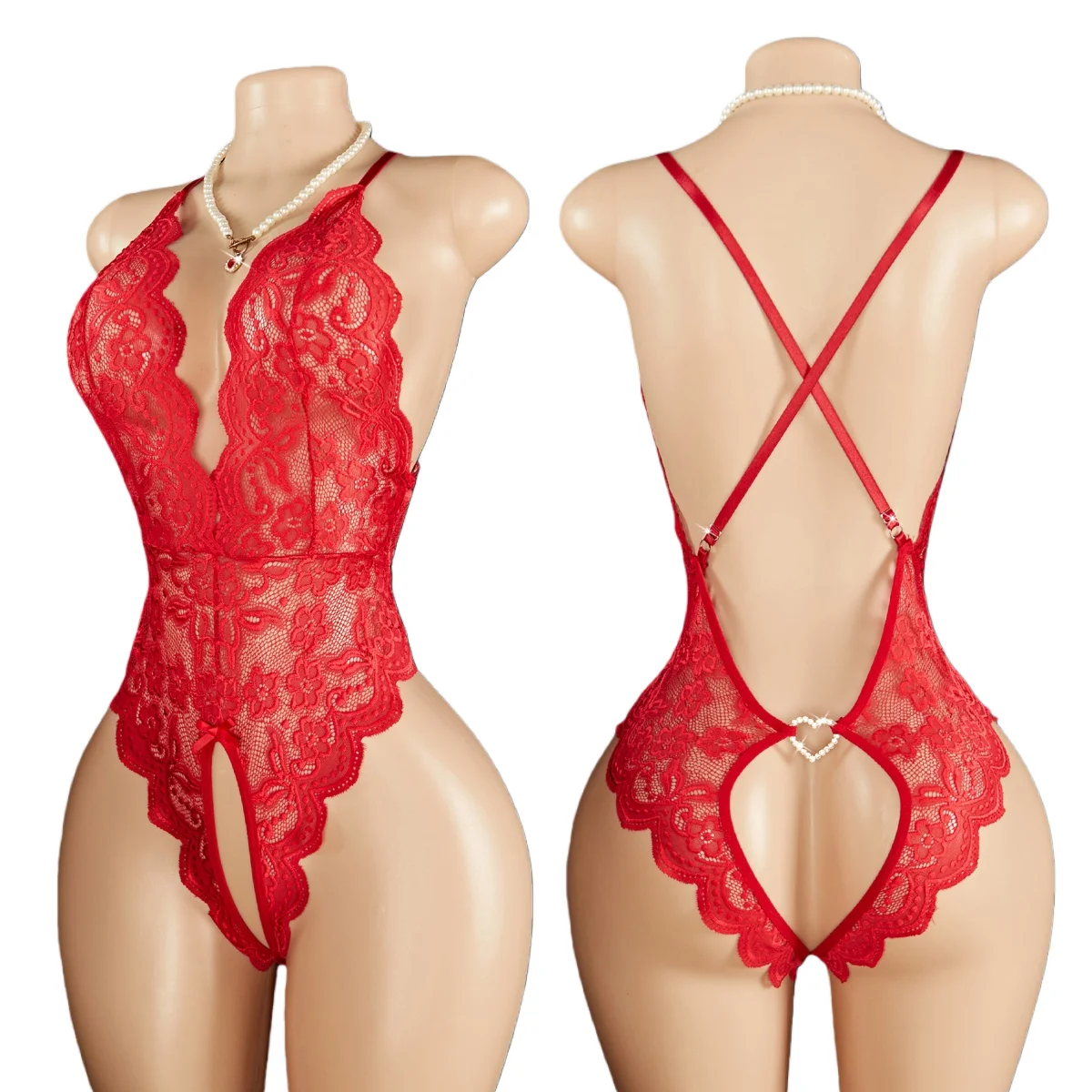 Sexy Crotchless Porn Lingerie Thin Deep V Erotic Bodysuit Open Crotch Babydolls Hot Pajamas Night Dress Lace Women Underwear Xxx