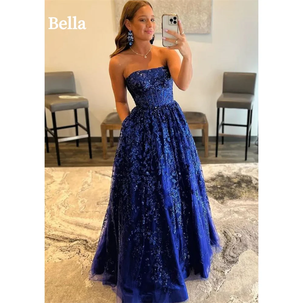 Bella Strapless Sequin Ball Gown robes de soirée Sleeveless Floor-Length Appliques Evening Dresses Formal Evening Wedding Dress