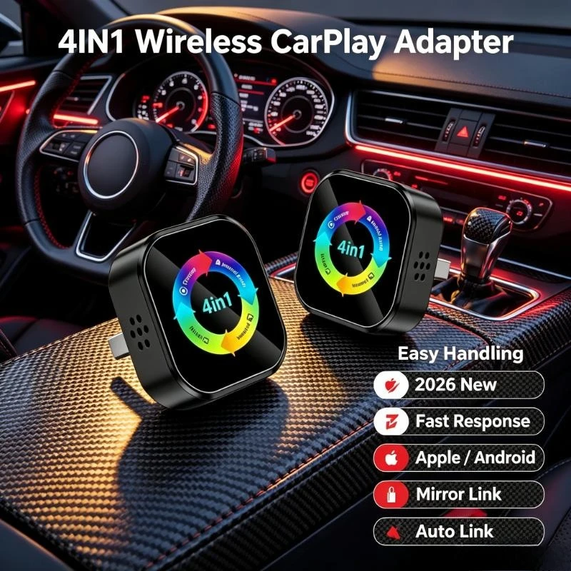 Plug & Play 4IN1 Wireless CarPlay Adapter 2026 New Apple Android Mirror Link Auto Link Car Audio Video Accessory