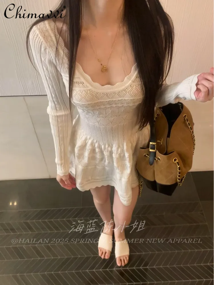 

Новое корейское модное платье-принцесса весна-лето, с милым бантом, длинными рукавами, облегающее, элегантное, короткое, женское, белое, трикотажное.