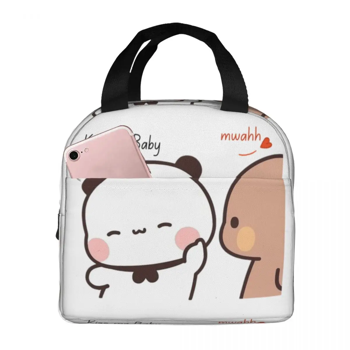 Kiss Me Baby Mwah Bubu Dudu Panda And Brownie Bear Couple Lunch Bag Women Cooler Warm Insulated Lunch Box for Office