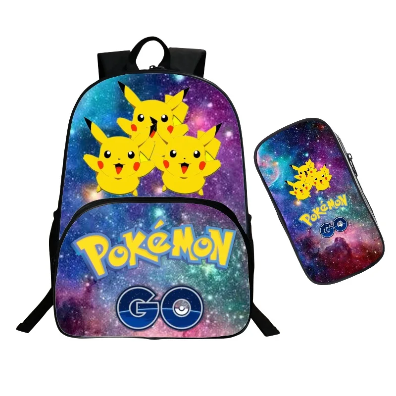 Mochila moderna Poke_mon para crianças elementares 2 em 1, conjunto de mochila com bolso frontal e caixa de lápis para escola