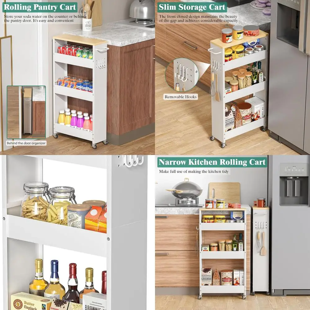 

4-Tier Rolling Kitchen Cart with Handle and Wheels, Compact Storage Cabinet for Kitchen, Bathroom, and Laundry (5.9IN White/Natu