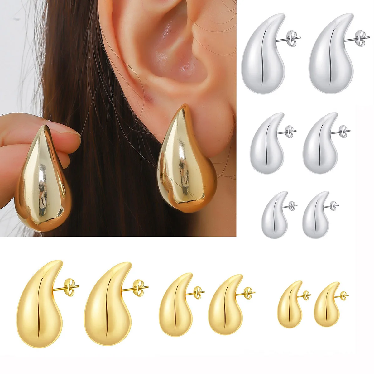 25-42mm Stainless Steel Vintage Chunky Water Drop Earrings For Women Gold Plated Thick Earring Statement Wedding Jewelry Gifts