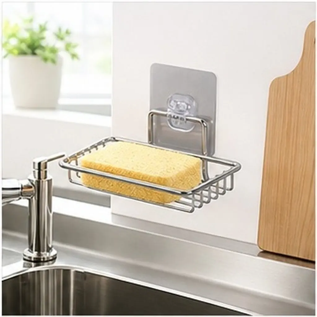 Punch-Free Stainless Steel Soap Dish Holder with Hollow Drain Design for Kitchen Bathroom Laundry Easy Install No Tools Required