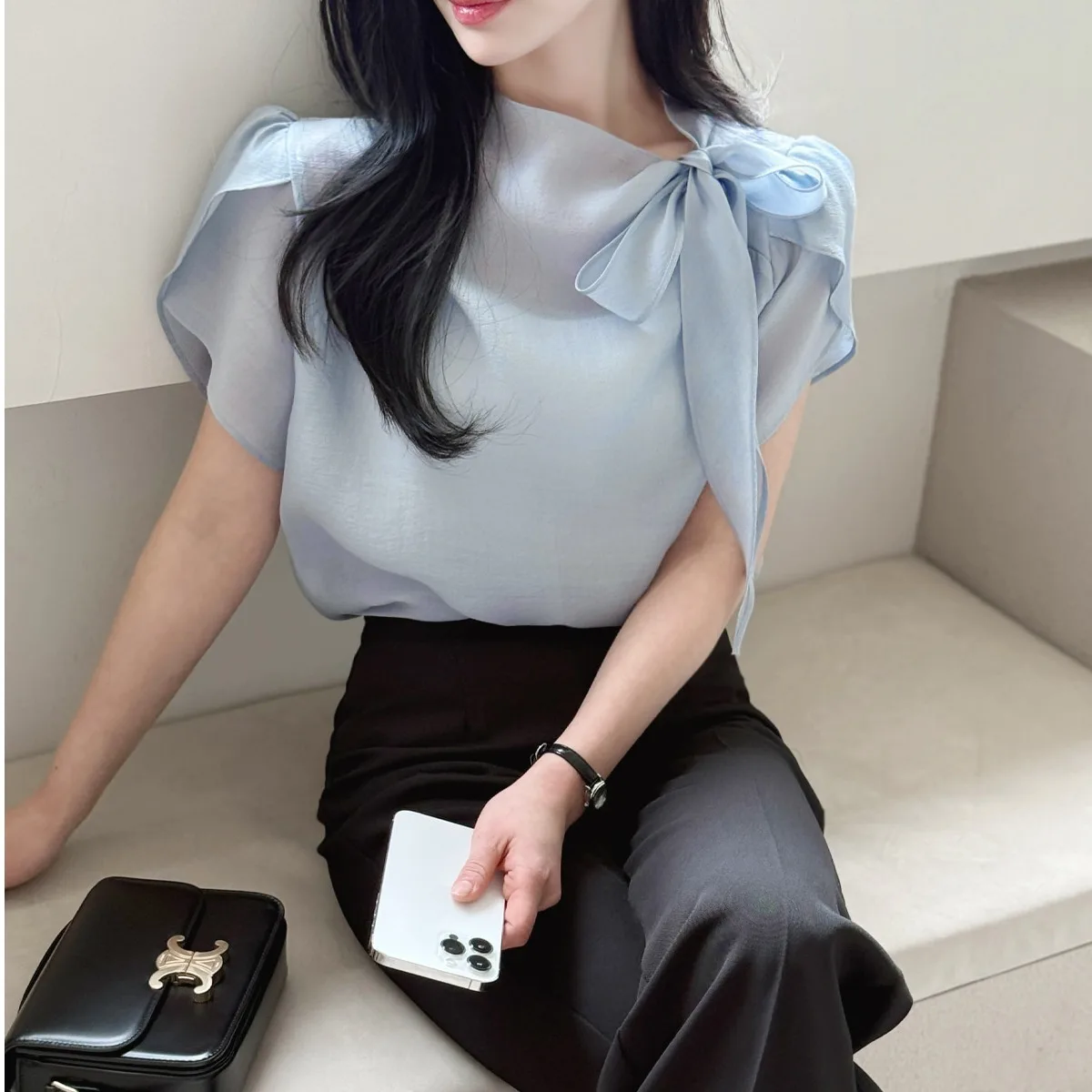 Korean Style Elegant Summer Shirt for Women with Belt Short Sleeve Versatile Other Material Made in China Suitable for Ages ...