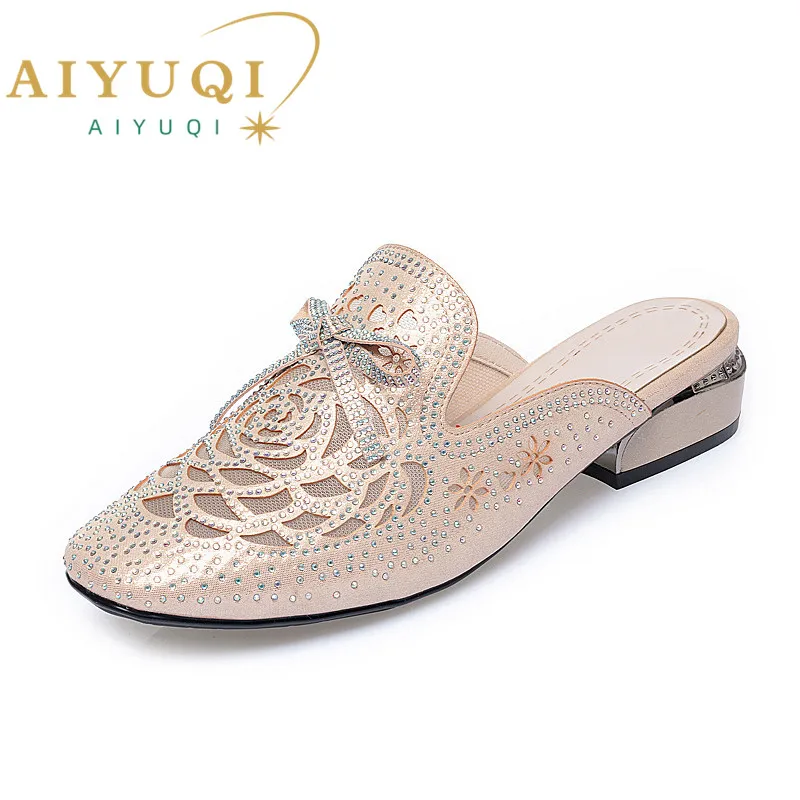 

AIYUQI Women Slippers Summer 2024 New Women Shoes Rhinestone Golden Hollow Large Size 41 42 43 Slippers Women