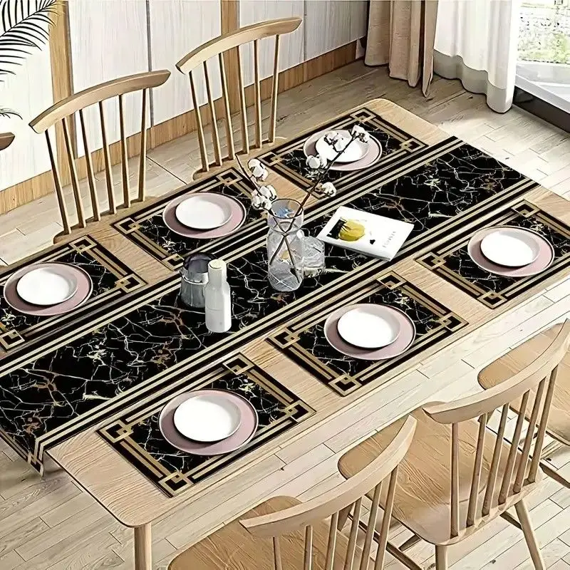 VIKAMA Black Gold Marble Table Runner Placemats Set Waterproof Non Slip Kitchen Dining Home Decor Mat