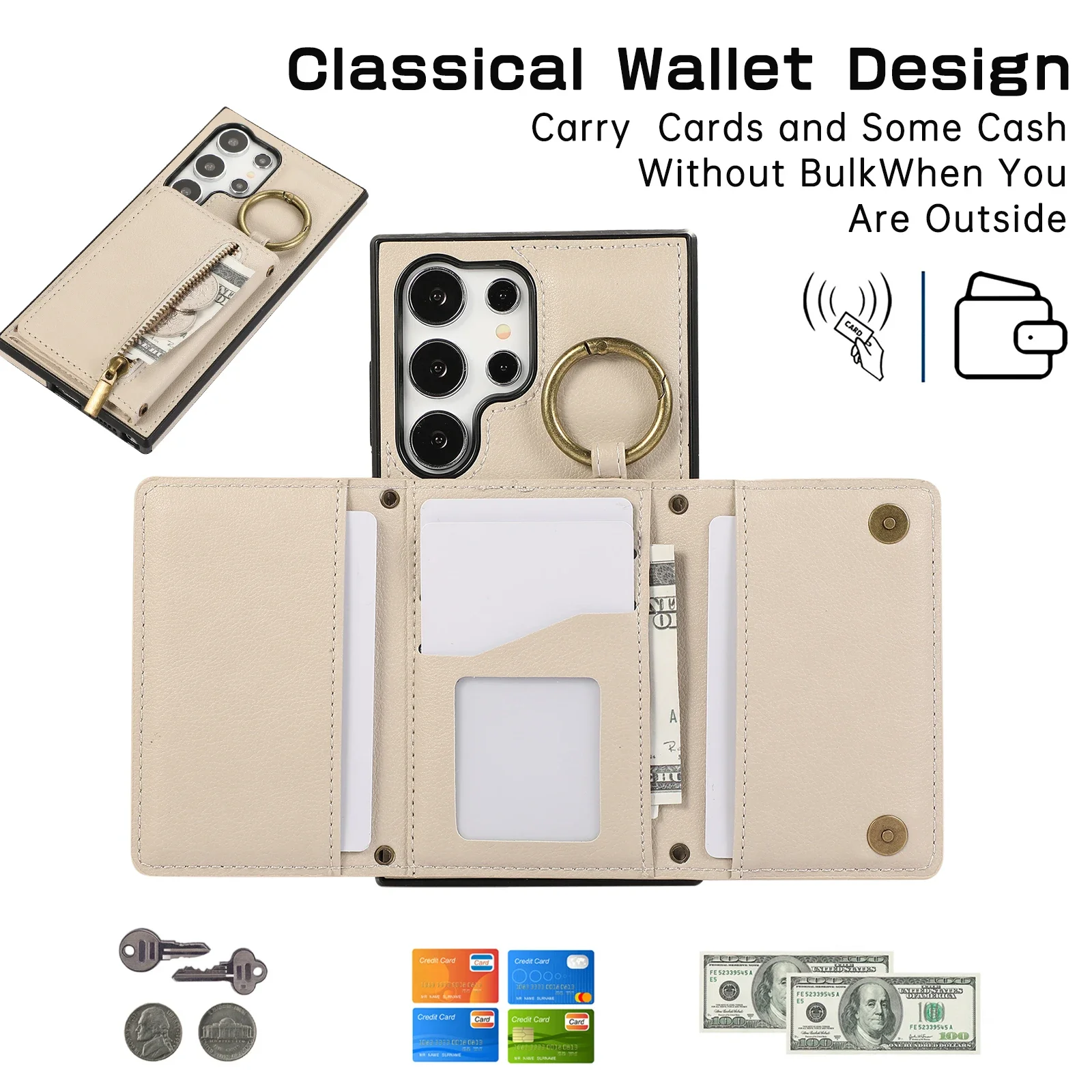 Crossbody Zipper Cards Holder Wallet Leather Case For Samsung Galaxy S24 Ultra FE S25 S23 FE S22 Plus A55 A15 A16 A35 Ring Cover