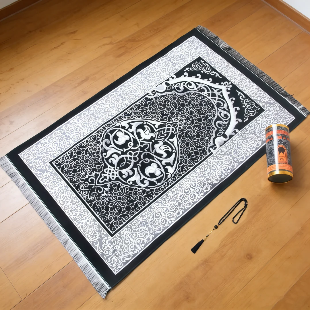 Minimalist Black Barrel Prayer Rug, Chenille Anti-slip Prayer Mat with Matching Prayer Beads, Travel Storage Set
