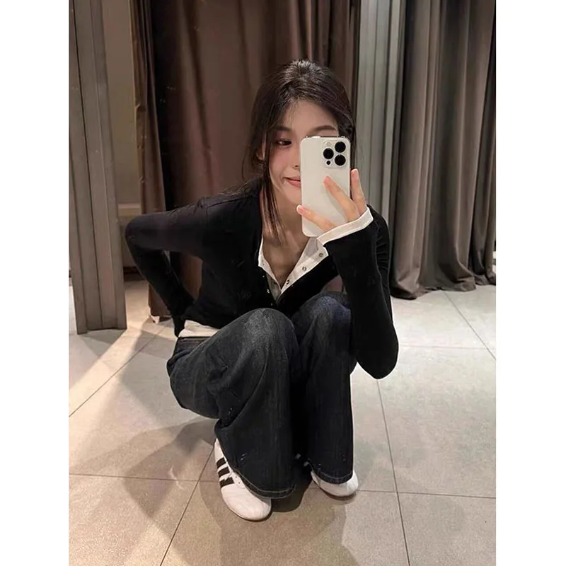 2026 frühjahr Neue Langarm T-Shirt für Frauen Sexy Hot Girl Retro Gefälschte Zwei-Stück Y2K Tops Koreanische patchwork Kontrast T Shirts