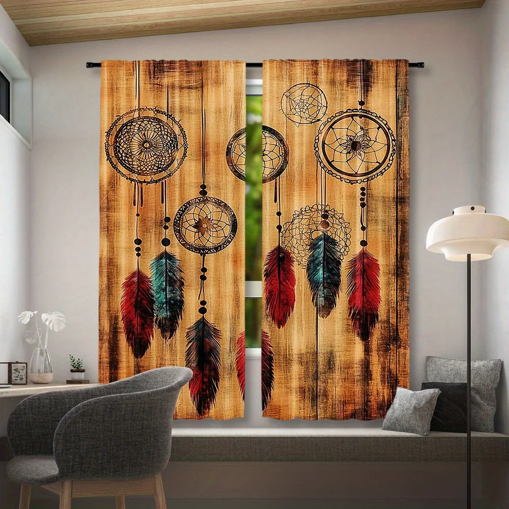 Boho Dreamcatcher Tapestry Curtain Panel Rustic Wood Wall Decor Bohemian Style Window Dressing