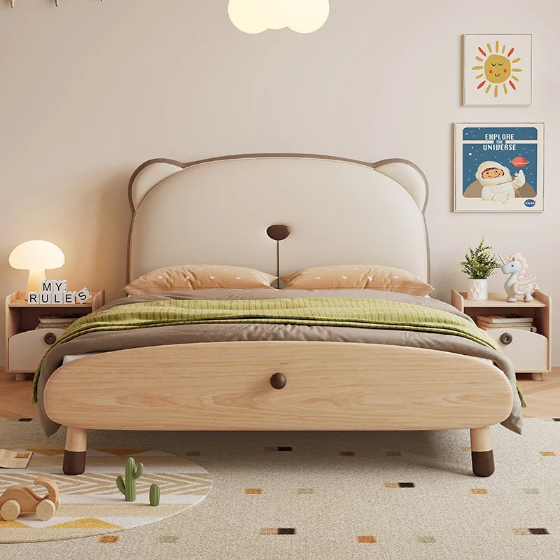 

Solid wood children's bed Internet celebrity bear modeling bed Home master bedroom leather double bed Soft bag bedside