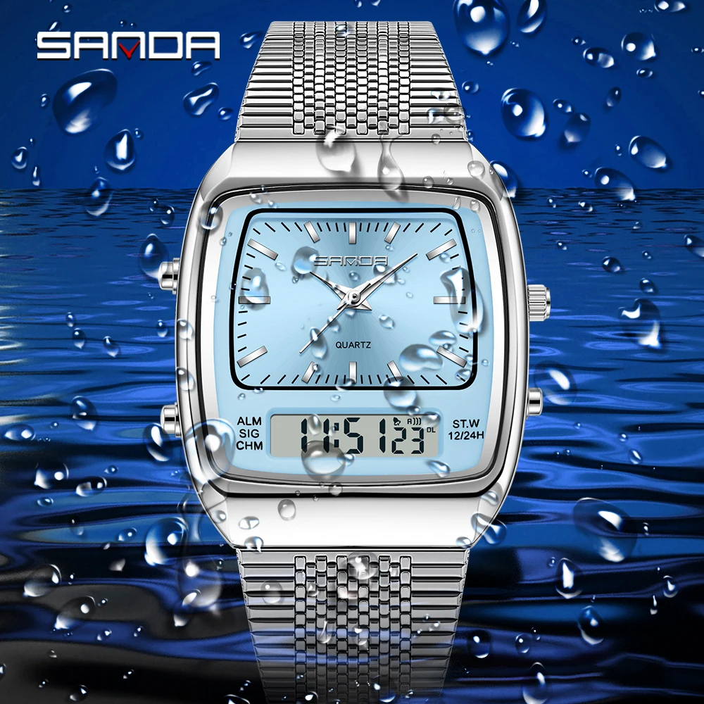 SANDA 3393 Retro Electronic Quartz Watch Multifunction Dual Display Clock Night Light Casual Mens Women Digital Reloj Hombre