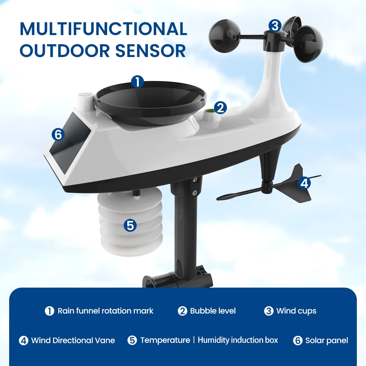 Multifunktions-Wetterstation, 8-in-1-Temperatur- und Luftfeuchtigkeitsuhr, Windgeschwindigkeit und Pluviometer, Wettervorhersage mit Außensensor