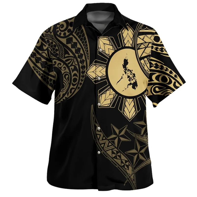 

Philippines Sun Pattern Shirts Men Coat Of Arm 3d Printed Polynesian Short Sleeves Tops Casual Blouse Loose Lapel Hawaiian Shirt