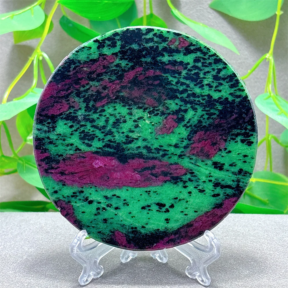 Emerald With Ruby Disk Crystal Natural Stone Quartz Minerals Home Decoritems Garden Reiki Gifts Energy Healing Luck Love +Stand
