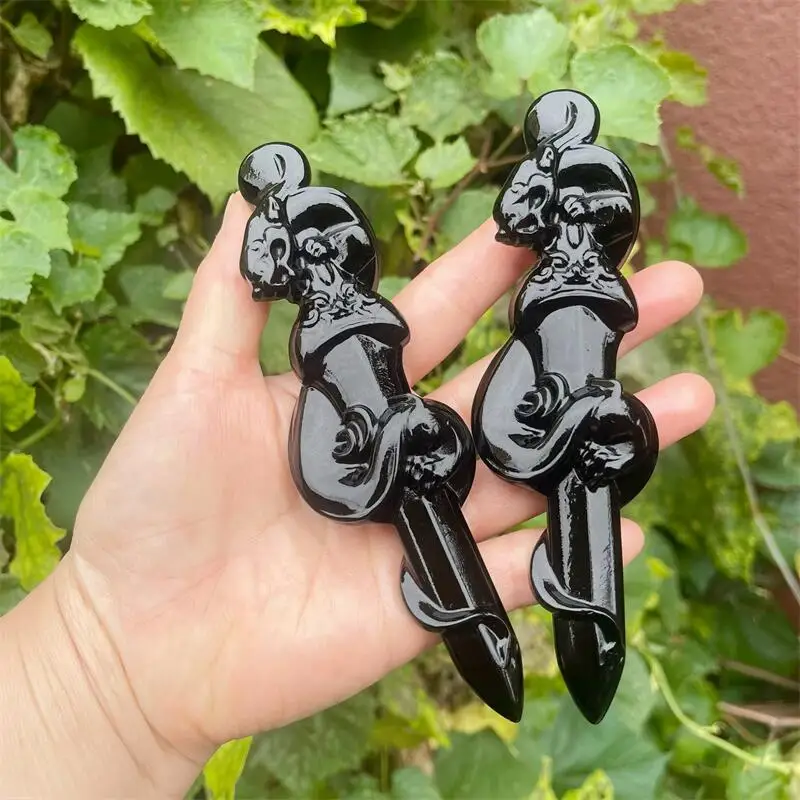 حجر السج الأسود الطبيعي كريستال الموظفين D agger نحت بلورات أحجار كريمة جميلة للديكور المنزل جمع هدية عيد