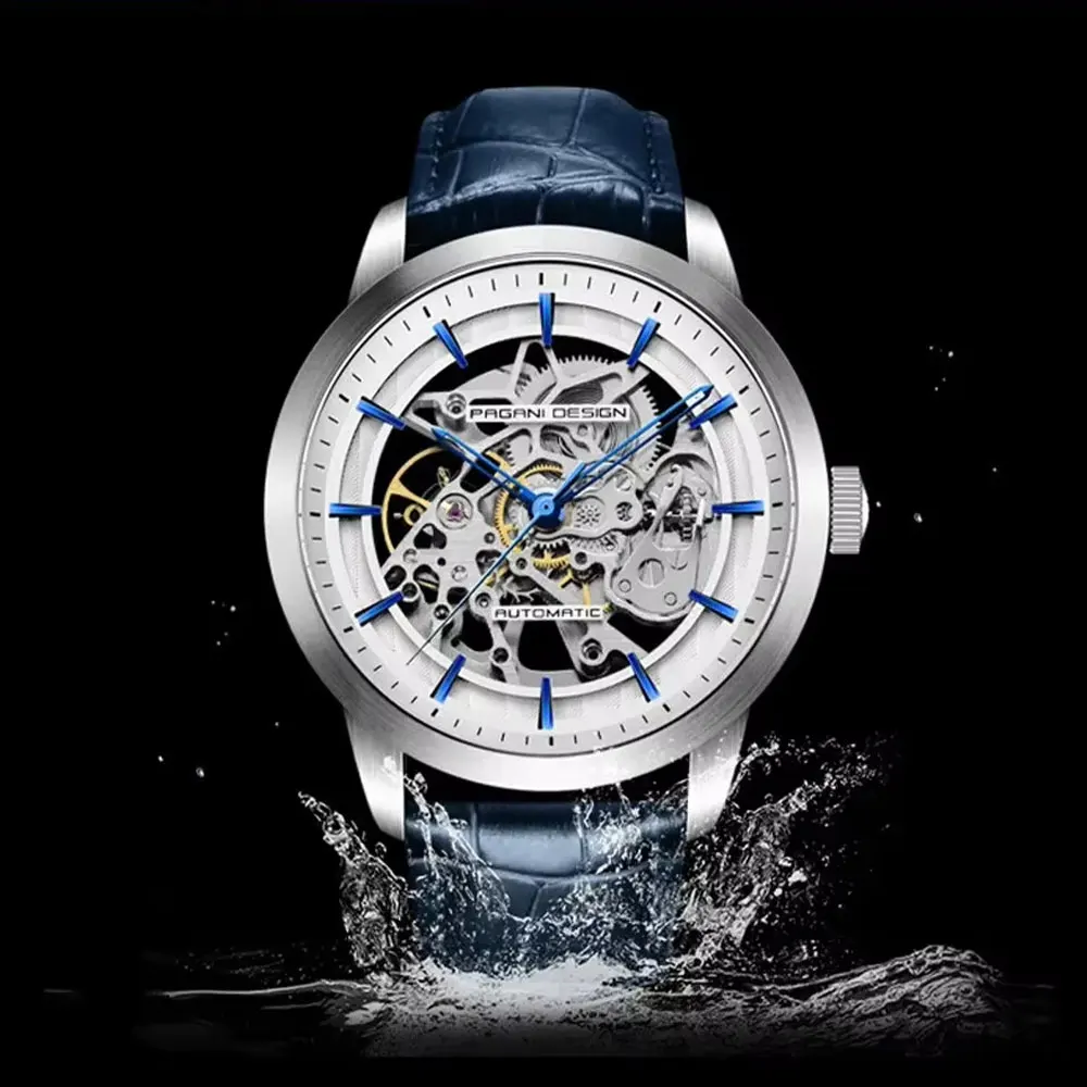 Hohle mechanische Uhr PAGANI DESIGN 43 mm Herrenuhren, klassische wasserdichte Leder-Armbanduhr, Top-Marke, automatische Uhr für Herren
