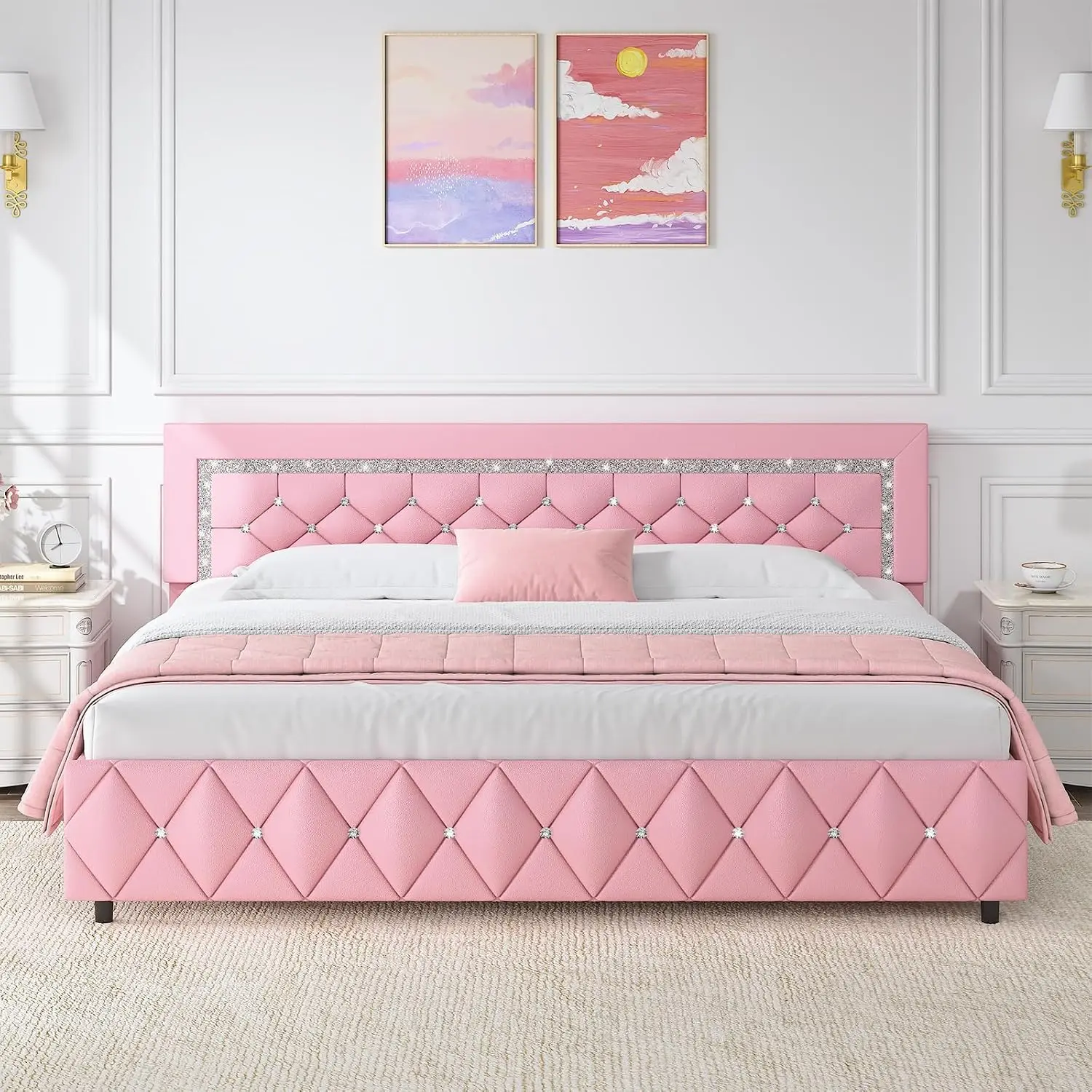 Pink Upholstered Platform Bed Diamond Tufted Headboard King Size, Customized