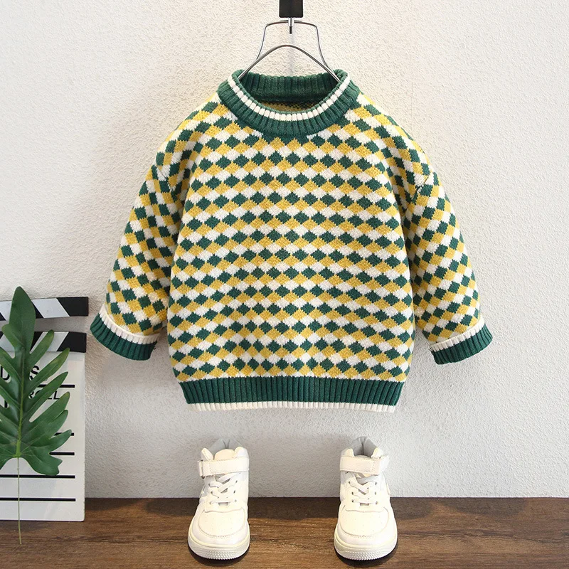 Boys sweater autumn and winter thickened new children's foreign style round neck plaid knitted sweater baby warm