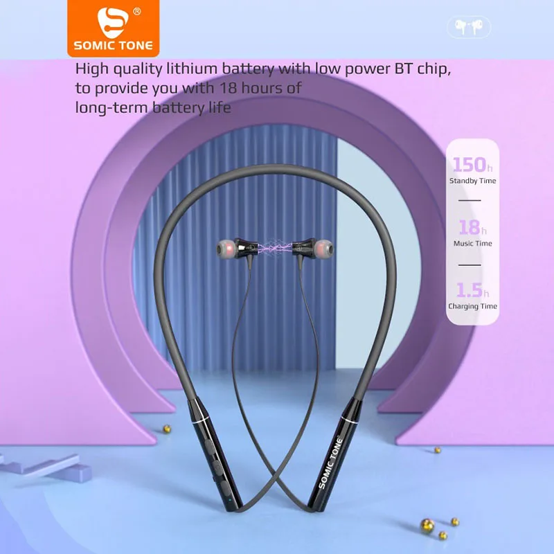 

SOMIC TONE Neckband Bluetooth Earphone Sport Wireless Headphones Large Battery BT 5.0 Headset Waterproof TWS Earbuds With Mic