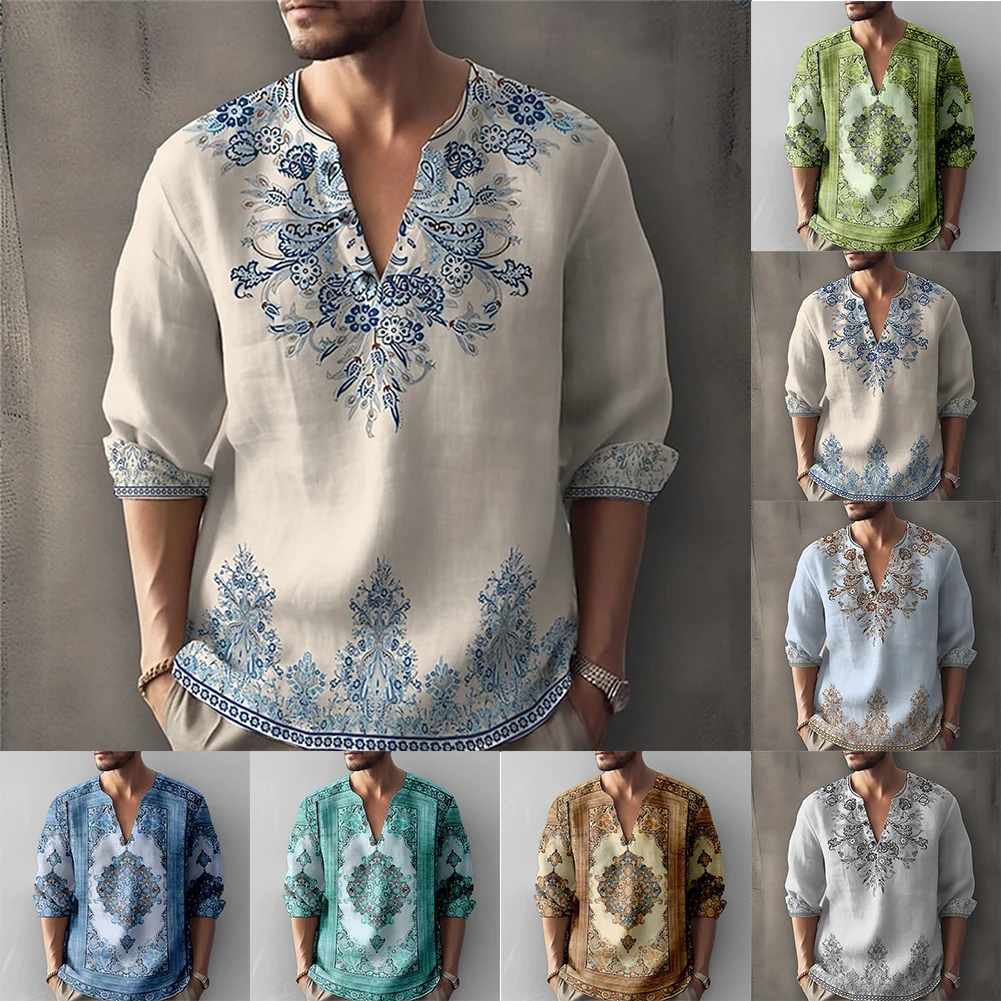 

Vacation Wear Long Sleeve V Neck Men Casual Shirts Fashionable Graphic Print Tops Man Shirt Blue 3D Pattern Shirt