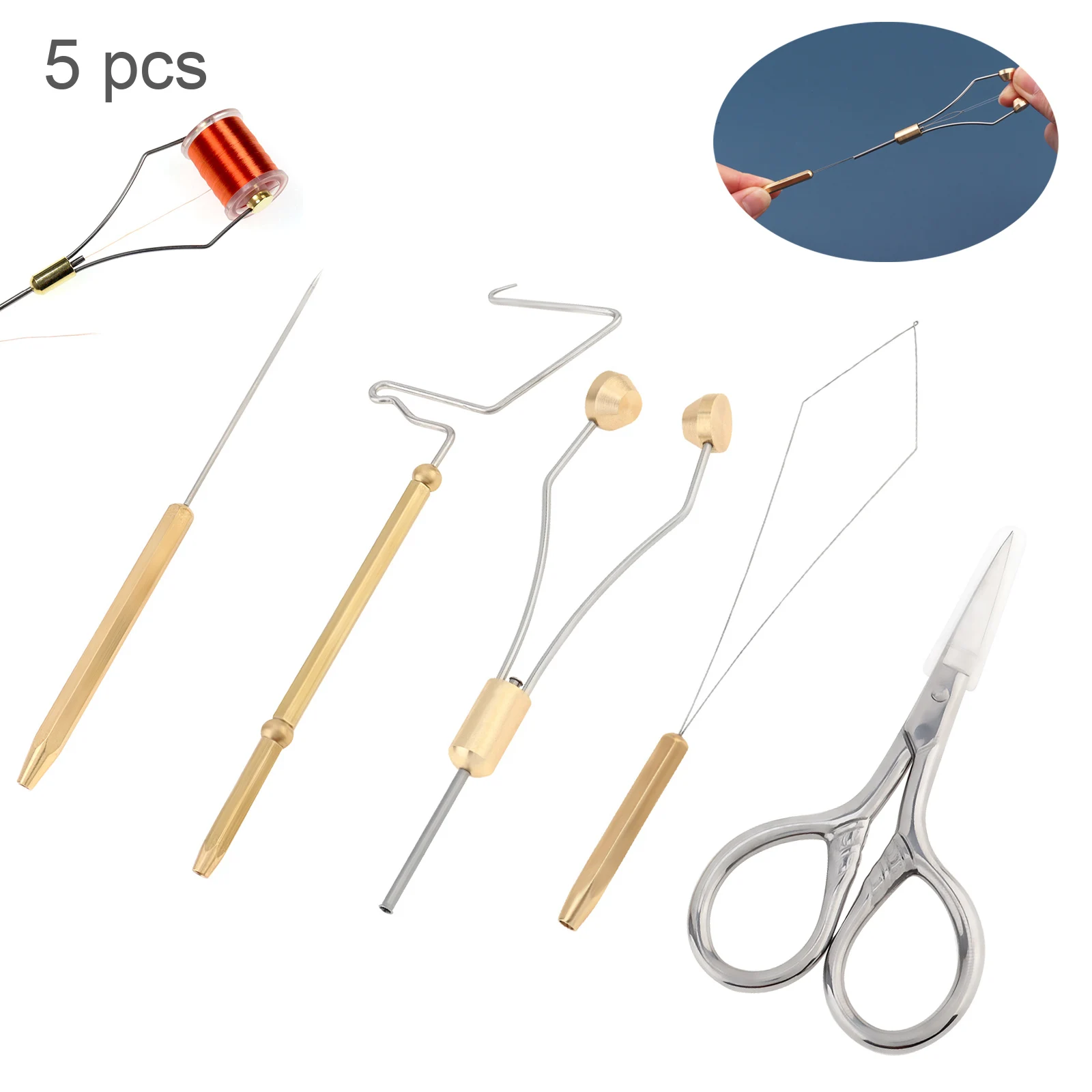 

5pcs Alloy Steel Fly Tying Tools Kit with Bobbin Thread Holder Whip Finisher Knotter Feather Cutter Bodkin Fly Fishing Lure Tool